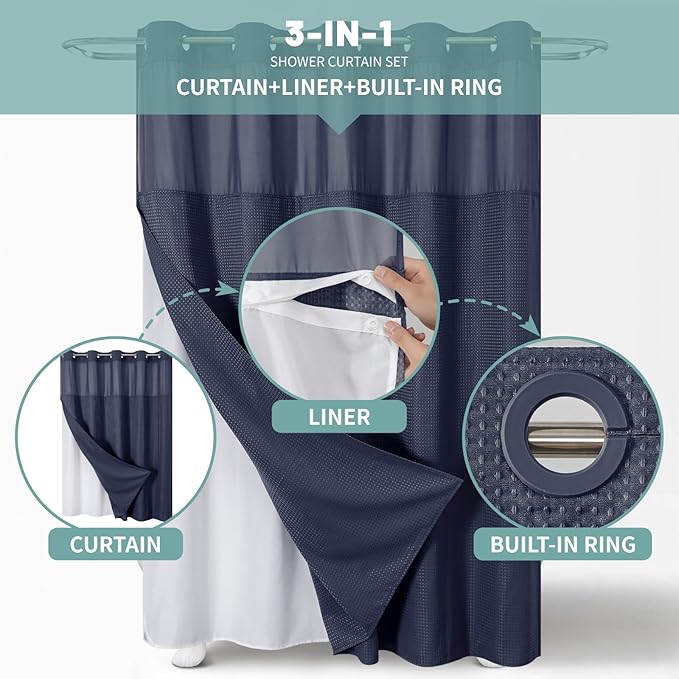 Navy Extra Long No Hook Waffle Weave Shower Curtain with snap-in Liner Replacement, 230GSM Waterproof Fabric Hotel Shower Curtain Set for Bathroom, Through Mesh Top Window,71Wx86H