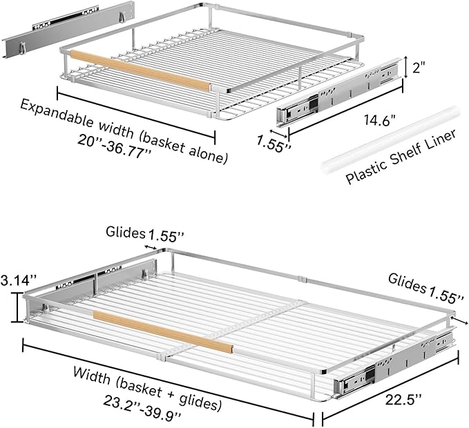 1Pack Expandable Pull Out Cabinet Organizer, Slide Out Drawers for Kitchen Cabinets, Heavy Duty Drawer Slides for Home Kitchen Pantry Cupboard Pots Pans, Adjustable Width 23.2"~39.9" W x 22.5''D