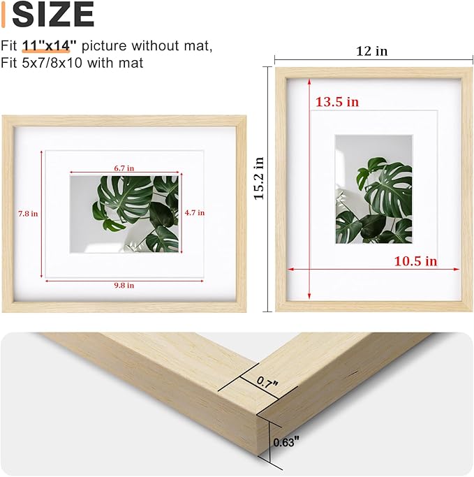 Egofine 11x14 Picture Frame Made of Solid Wood with Plexiglass, Display Pictures 5x7/8x10 with Mat or 11x14 Without Mat for Tabletop and Wall Mounting, Oak Wood