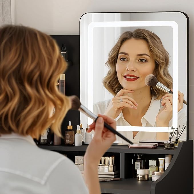 Small Vanity Desk, Makeup Vanity with Mirror and Lights, Vanity Desk with Drawer & 3 Storage Shelves, Black Makeup Vanity Desk with Lights for Bedroom