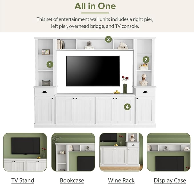 Merax Minimalism Entertainment Wall Unit with Bridge, Modern Media Console Table & Adjustable Storage Shelves for Living Room, Large TV Stand for Televisions Up to 75'', White