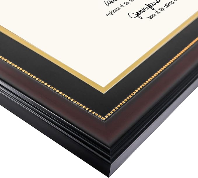 GraduatePro 8.5x11 Diploma Frame with Black Over Gold Mat or Display 11x14 Document Without Mat, CPA License Frame, UV Protection Acrylic, Mahogany with Gold Beads