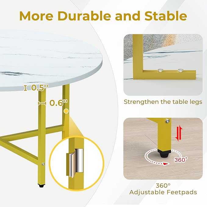 Coffee Table, 23.6" Coffee Tables for Living Room, Round Coffee Table with Metal Frame, Floor Table for Sitting on The Floor, Home, Office, White & Gold Legs