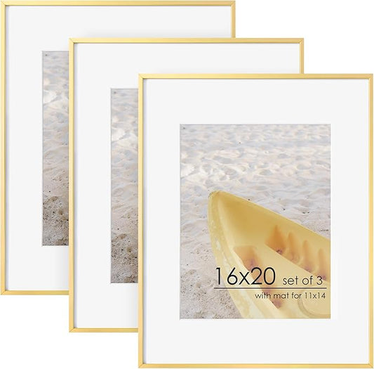 16x20 Metal Picture Frame For Wall With Mat For 11x14, 16''x20'' Aluminum Photo Frames With Tempered Glass For Home Decor, Minimalist Modern Poster Frame Horizontally Vertically Set of 3, Gold