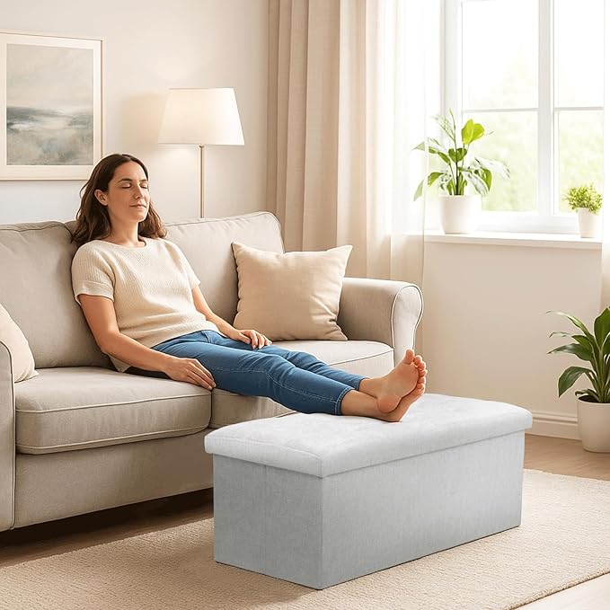 Storage Ottoman Bench, 30 Inch Ottoman Foot Rest, End of Bed Bench, Storage Chest, Load 700 lb, for Living Room, Bedroom, Entryway, Light Gray