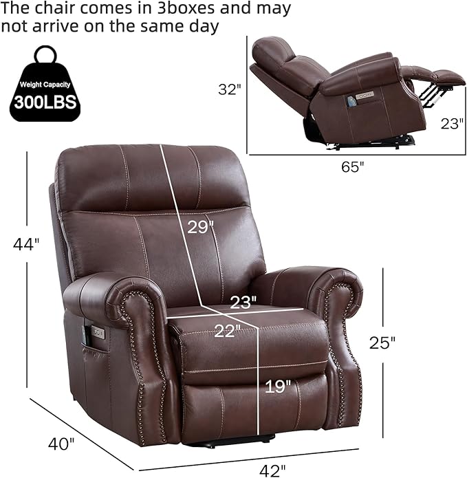 Phoenix Home Genuine Leather Power Lift Recliner Chair for Elderly with Massage and Heating, Electric Recliner for Seniors with Extended Footrest, Type-C and USB Port, Side Pocket, Brown
