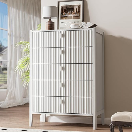 White 5 Drawer Dresser, Fluted Wood Chest of Drawers for Bedroom, Modern Dresser with Deep Drawers for Clothes, 32 Inch Tall Nightstand for Bedroom, Living Rooms, Offices, and Entryways