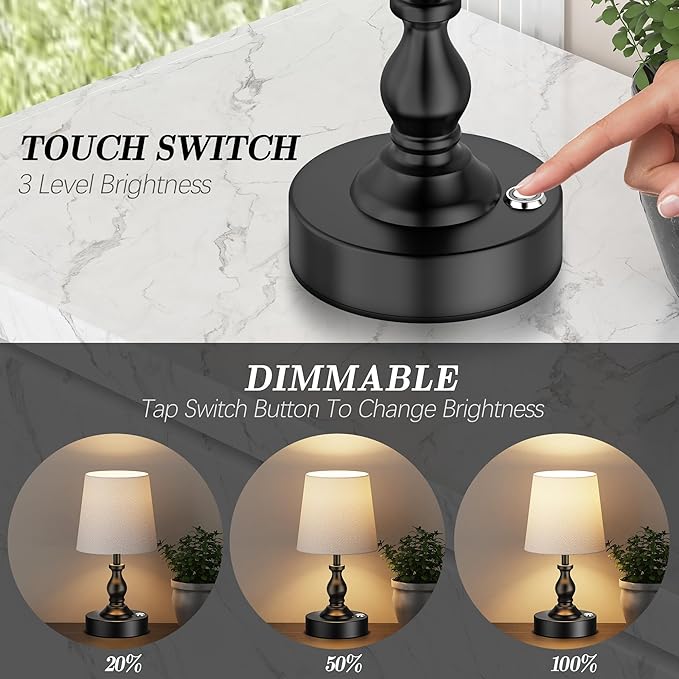 PARTPHONER Mini Cordless LED Table Lamp, 5200mAh Rechargeable Battery Operated Lamp, 3-Level Brightness, Touch Dimmable Desk Lamp, Bedside Night Light for Patio Camping Restaurant Home, Matte Black