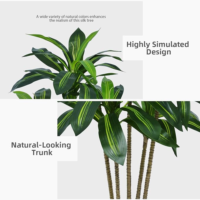 Artificial Dracaena Tree 5FT - Faux Tree with Gray Tall Planter - Fake Tropical Yucca Floor Plant in Pot - Artificial Silk Tree for Home Office Living Room Decor Indoor