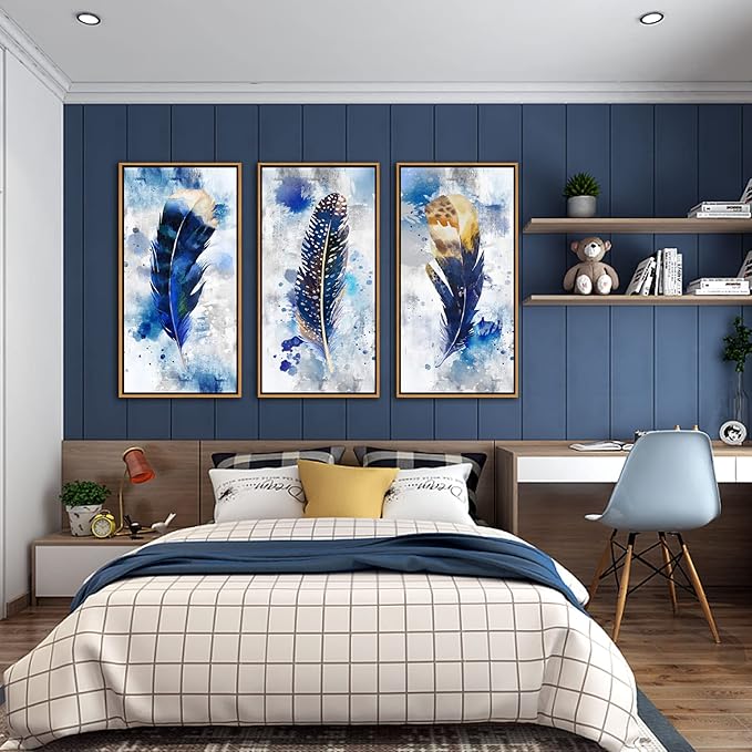 Framed wall art Feather Canvas Wall Art for Living Room Bedroom Large Modern Artwork Blue Watercolor feather Print picture 3 pieces Framed Wall Decor Ready to Hang for Home Office Decoration (With