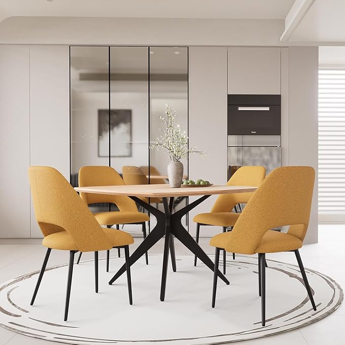 Kidol & Shellder 45.2" Square Dining Table Set for 2-4 People Modern MDF Wooden Dining Room Table with X-Shaped Metal Base Kitchen Table（Natural Table+2pcs Yellow Chairs）