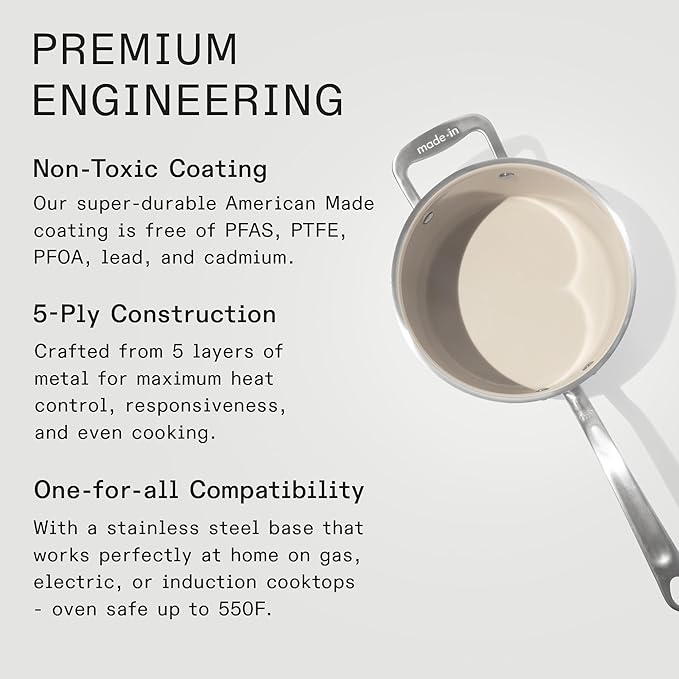 Made In Cookware - 4 QT Ceramic Non Stick Saucepan with Lid - 5-Ply Stainless Clad with Stay-Cool Handle - Professional Cookware - Crafted in Italy - Induction Compatible