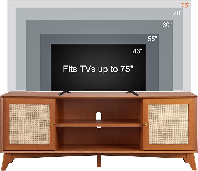 OKD TV Stand for 75+ Inch TV, Mid Century Modern Entertainment Center with Natural Rattan Door, Storage Shelves, Large Boho Media TV Console, Long Television Stand for Living Room, Cherry