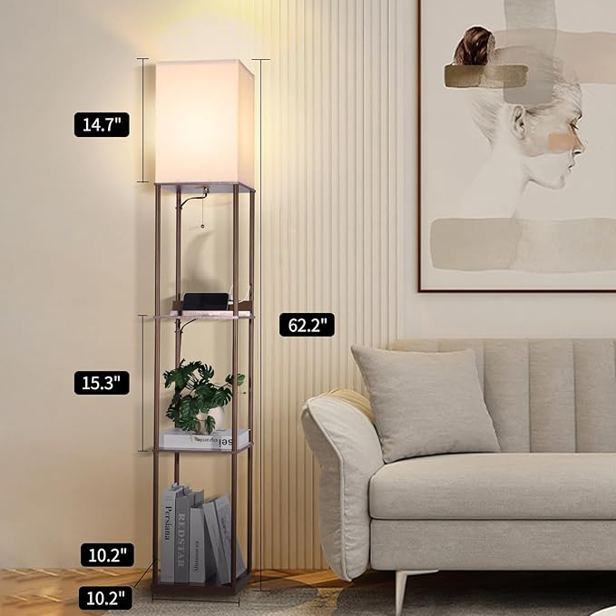 Floor Lamp with Shelves, with 2 USB Ports and Power Outlet Modern Square Standing Lamp with 3 Color Temperature Bulb, Corner Display Bookshelf Lamp for Living Room, Bedroom and Office (brown-9DY)