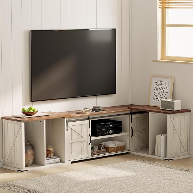 Extendable TV Stand, Entertainment Center for 85 95 105 Inch TV, Farmhouse TV Stand with Large Capacity Storage and Sliding Doors, Media Console for Living Room, Length 86"-113", White