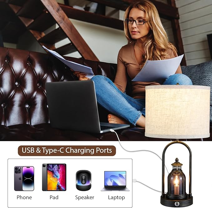Farmhouse Lantern Table Lamps for Living Room Set of 2, Rustic Vintage Bedroom Nightstand Beside Desk Lamp with 2 USB Charging Ports,Dimmable Touch Night Light,4 Bulbs Included (Black)