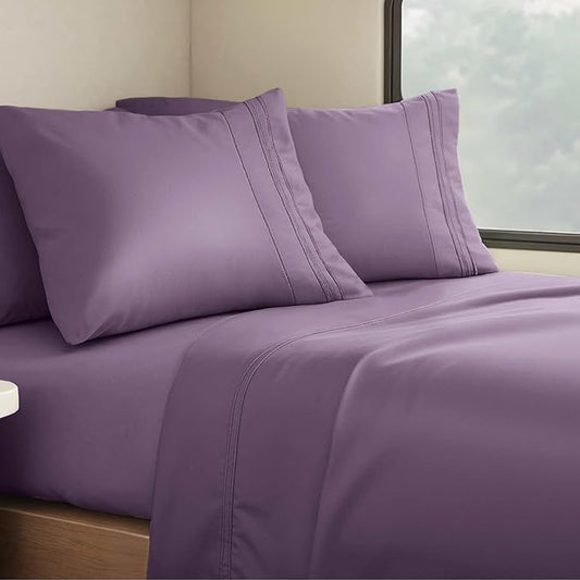 Clara Clark Bed Sheets, Premier 1800 Series 4 Piece RV Queen Sheet Set, Luxury Soft Sheets for RV Bunks, Short Queen - Purple Eggplant