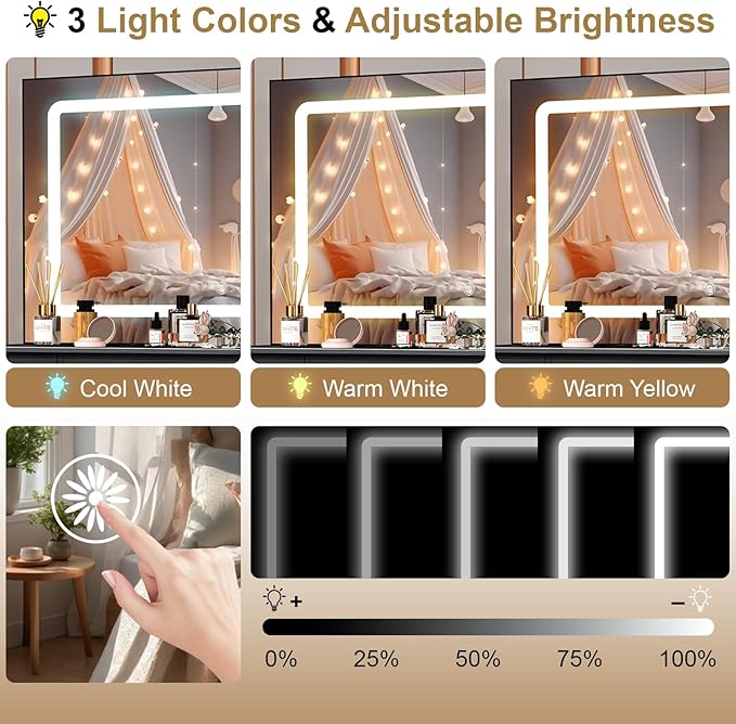 JBLCC Black Vanity Desk with Mirror and Lights, 39.4''W Makeup Vanity with 3-Color Lighted Mirror, 7 Drawers & Open Shelves, Big Vanity Table for Bedroom, Girls & Women