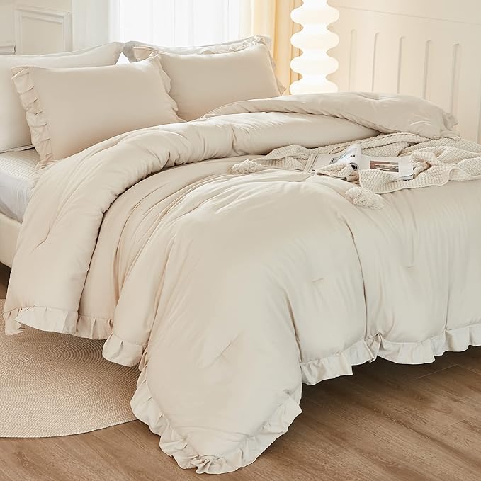 Litanika California King Comforter Set Beige, 3 Pieces Cream Ruffle Fluffy Soft Lightweight Bedding Comforter Set, Shabby Chic All Season Bed Set (104x96In Comforter, 2 Pillowcases)