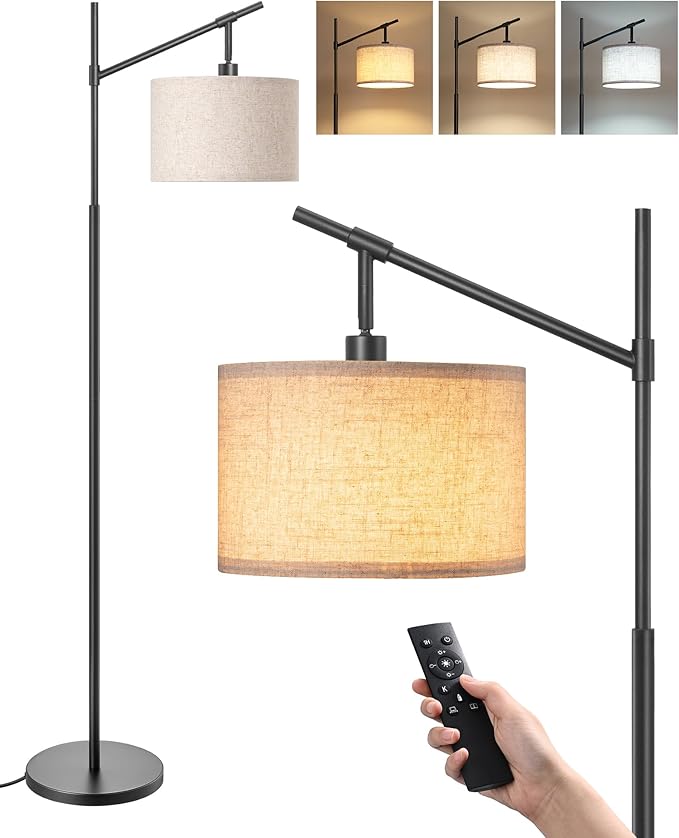 EDISHINE Modern Dimmable Floor Lamp, 63.8" Standing Lamp with Remote Control, E26 Socket, ACR Floor Lamp with Beige Shade for Bedroom, Living Room, Office, LED Bulb Included (Black)
