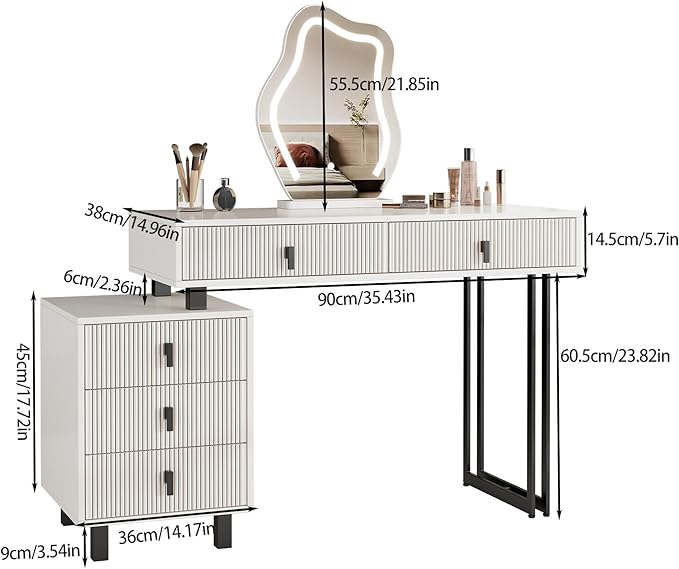 Vanity Desk with Mirror and Lights| Small Makeup Vanity Set with Adjustable Cabinet & 5 Drawers Storage| Modern Dressing Table for Small Spaces & Bedroom(White and Black)
