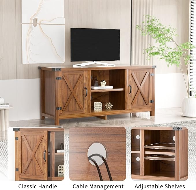 JUMMICO TV Stand, 65 Inch TV Farmhouse Entertainment Center with Double Barn Doors and Storage Cabinets, Console TV Table Media for Living Room, Bedroom (Walnut)