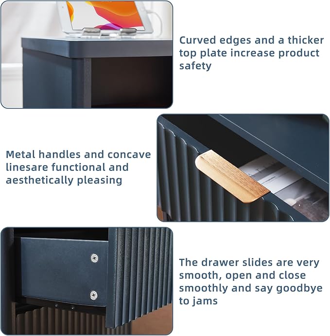 LEYAOYAO Fluted Farmhouse Nightstand Set of 2 with Charging Station, 23" Wide 2 & 3 Drawers Large End Table with Metal Handle, Navy Blue Night Stand Bedside Table, Wood Dresser for Bedroom,Closet