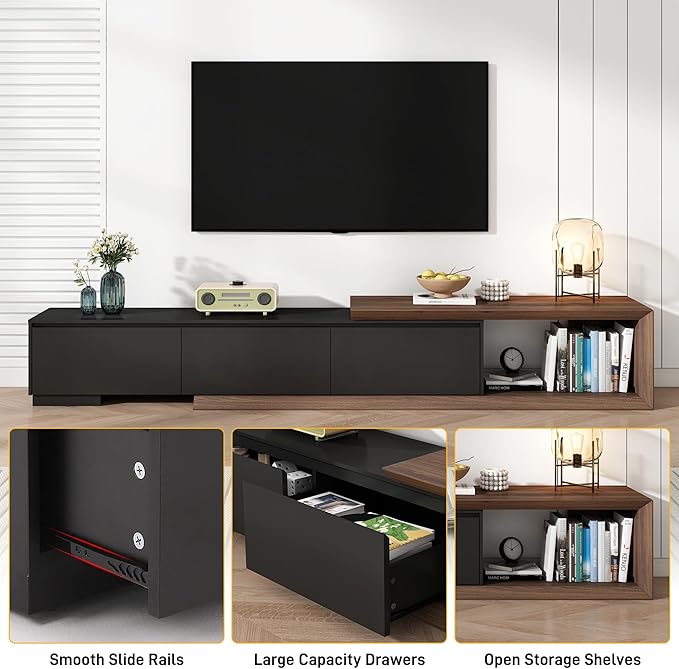 Extendable TV Stand with 3 Drawers, Modern Minimalist Entertainment Center, Reversible Long TV Media Console, Bevel Design, 82-107.3 Inch, Black & Walnut