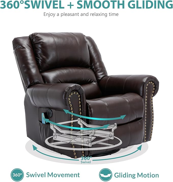 MEETWARM Massage Swivel Rocker Recliner with Heat and Vibration, Manual Glider Rocking Recliner Chair, 360°Swivel Lounge Reclining Chair with Remote Control/USB Ports for Living Room(Dark Brown)