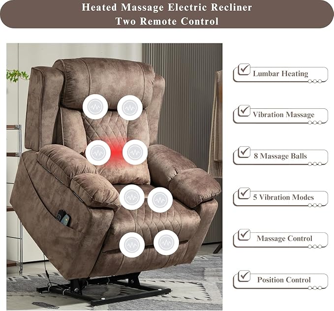 Big Man Power Lift Recliner for Elderly Adults 28 Inch Wide Seat, Lay Flat Lift Chair with Heat Massage, Flip Arm Storage Cup Holders, USB Type C Charging, 400 lbs