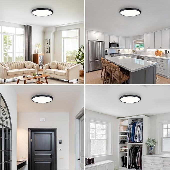 Flush Mount Ceiling Light Fixture, 14 Inch LED Modern Kitchen Light, Slim Dimmable Black Flush Mount Light for Low Ceiling, Laundry, Hallway, Metal and Glass Lighting, 26W, 3000K