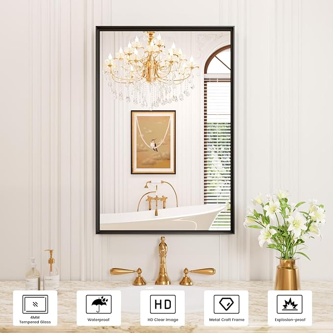 Black Bathroom Mirror, 20x30 inch Matte Black Vanity Mirror with Frame, Tempered Glass, Square Corner, Farmhouse, Entryway, Wall Mounted Rectangle Mirror, Vertically/Horizontally Hangs