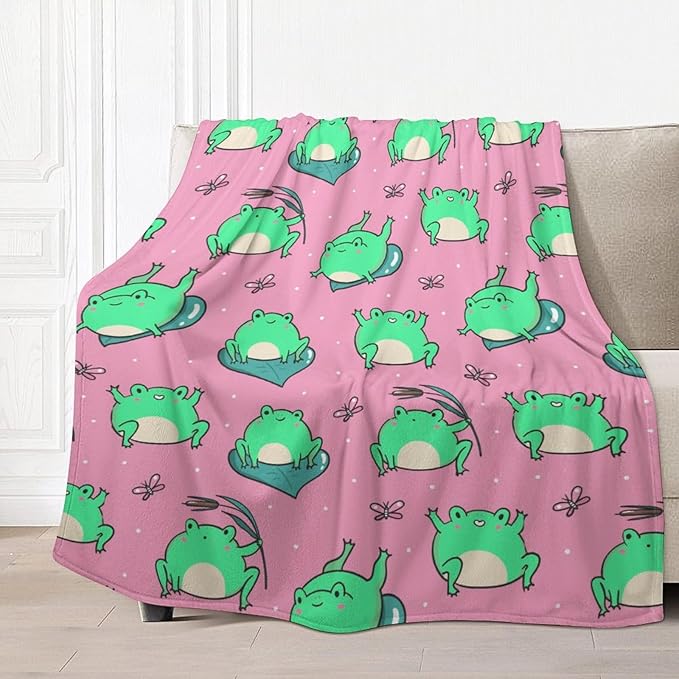 Cute Green Frogs on Pink Throw Blanket, Flannel Fleece Bed Blanket, Soft Cozy Fuzzy Plush Blankets for Couch Sofa Office Traveling Kids Bedroom Adults Living Room All Season, 80"x60"