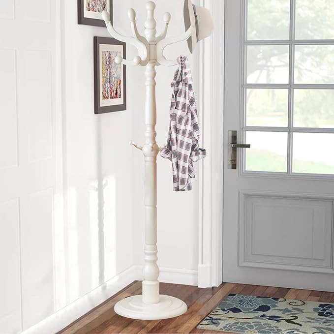 Wooden Coat Rack, Heavy Duty Coat Rack Freestanding with 11 Smooth Hooks, Coat Tree, Vintage Clothes Hanger Stand with Stable Disc Base for Bedroom, Entryway, Office-Load 180lbs (Ivory White)