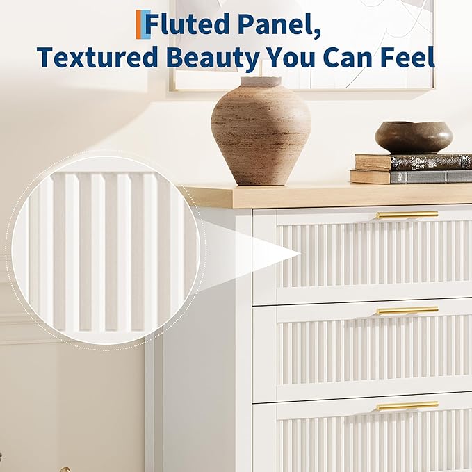 GarveeHome Fluted 4 Drawers Dresser for Bedroom, 35.4 in Tall Chest of Dressers for Closet, 4 Fluted Drawers with Metal Handle, Large Clothes Storage Cabinet for Bedroom, Nursery, Living Room, White
