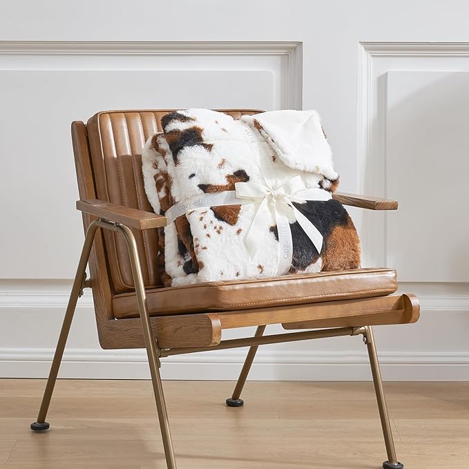 Cozy Bliss Cow Print Faux Fur Throw Blanket, Animal Printed Blankets Super Soft Warm Thick Fluffy Throws Home Decor for Couch Bed Sofa Women (Black&Brown Cow, 50x60 Inches)