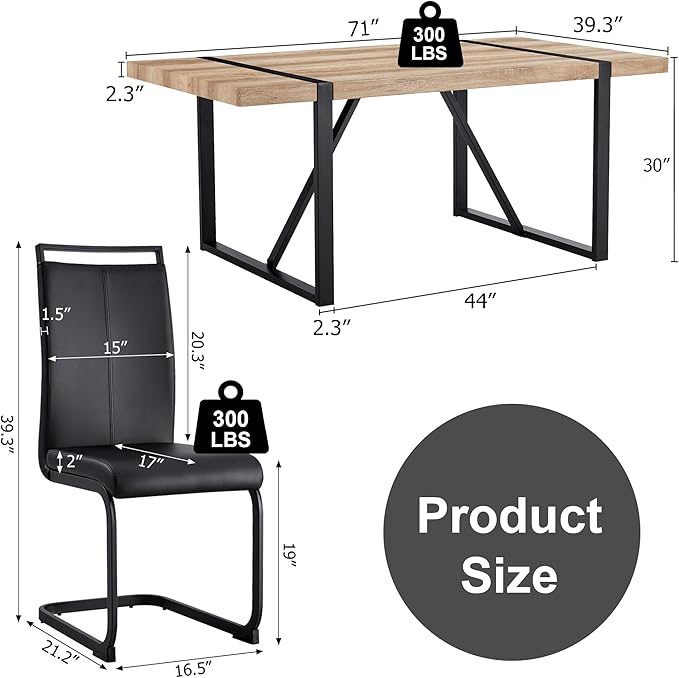 Dining Table Chairs Set for 6, Modern Rectangular Dining Room Table Set PU Leather Upholstered Dining Chairs 71" Dinner Table Set for Kitchen (Black, 71 Inch Brown Table+6 Chairs)