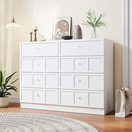 Wood Dresser for Bedroom 8 Drawer: 47" White Chest of Drawers Wood, Modern Fluted Cabinet with Sturdy Storage, Wide Aesthetic Furniture for Room Organization