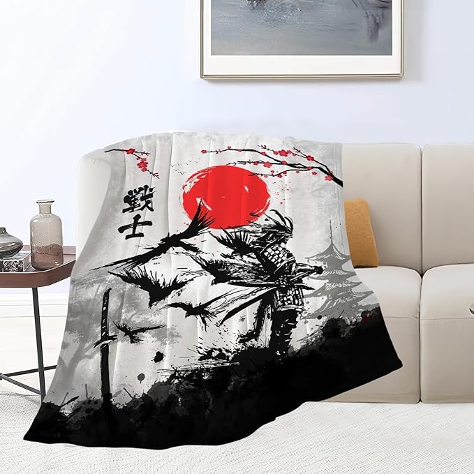 Japanese Blanket Cherry Blossom Throw Blankets Black and White Japen Stuff Gifts for Men Women Boys Girls Adults Fleece Flannel Blanket Plush Bedding for Couch Sofa Bed Room Decor 40"X50"