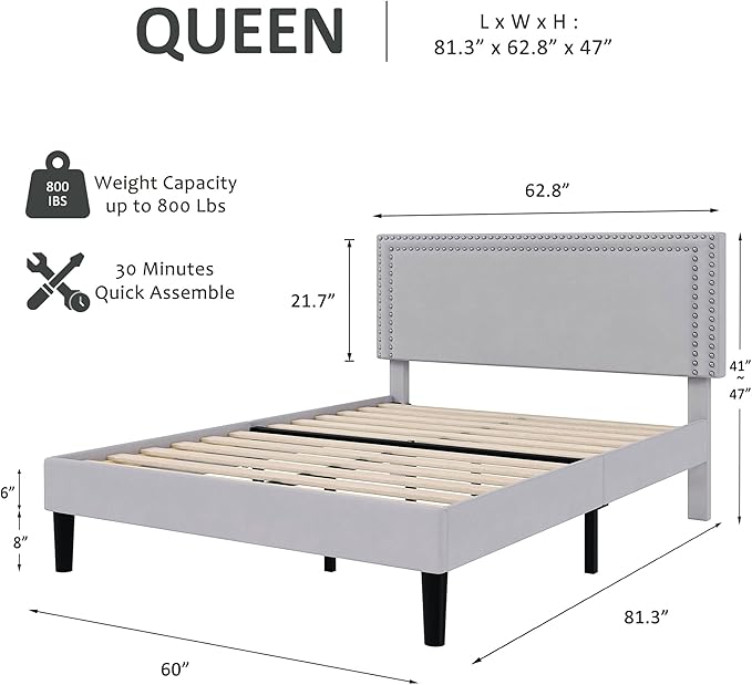 VECELO Queen Size Bed Frame with Adjustable Upholstered Headboard, Wooden Slats Platform, Noise-Free Design, Easy Assembly