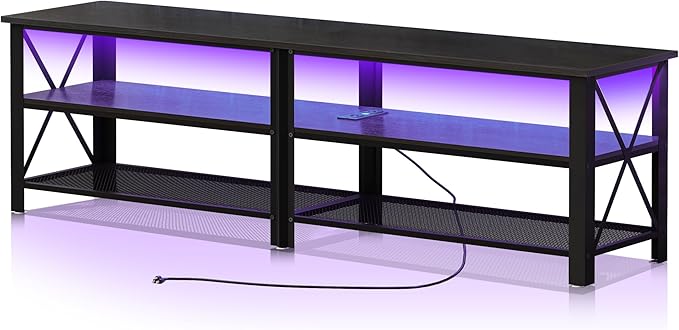 Clikuutory Modern Black 71 inch Metal TV Stand with LED Lights and Power Outlets for 50 60 65 70 75 80 Inch TVs, 3 Tier Television Stands with Entertainment Center and Storage for Living Room, Bedroom