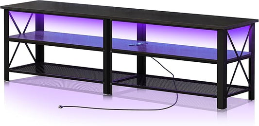 Clikuutory Modern Black 71 inch Metal TV Stand with LED Lights and Power Outlets for 50 60 65 70 75 80 Inch TVs, 3 Tier Television Stands with Entertainment Center and Storage for Living Room, Bedroom