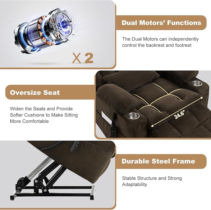 Infinite Position Power Lift Chair, Dual Motor Power Lift Recliner Chair with Massage and Heat Function for Elderly People, USB Charging Ports, Dark Brown