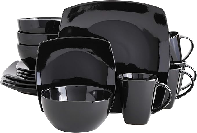Gibson Elite Soho Lounge Square Reactive Glaze Stoneware Dinnerware Set, Service for 4 (16pc), Black