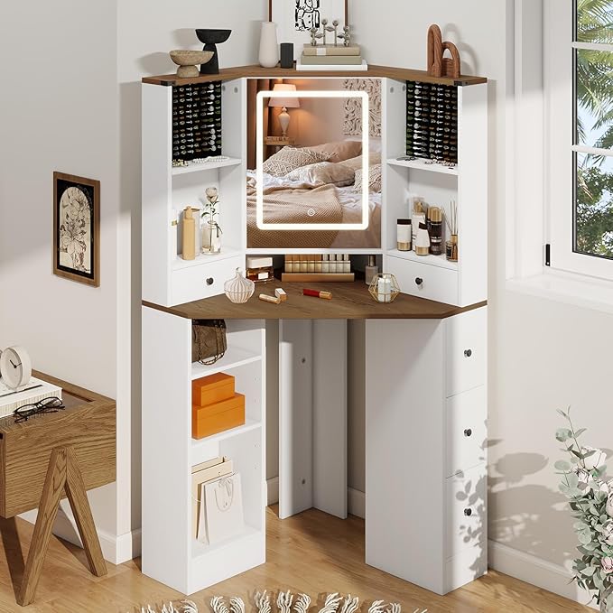 ARTETHYS Corner Vanity Desk with Mirror and Lights Makeup Table with Storage Large Farmhouse Vanity Sets with Drawers for Women, White