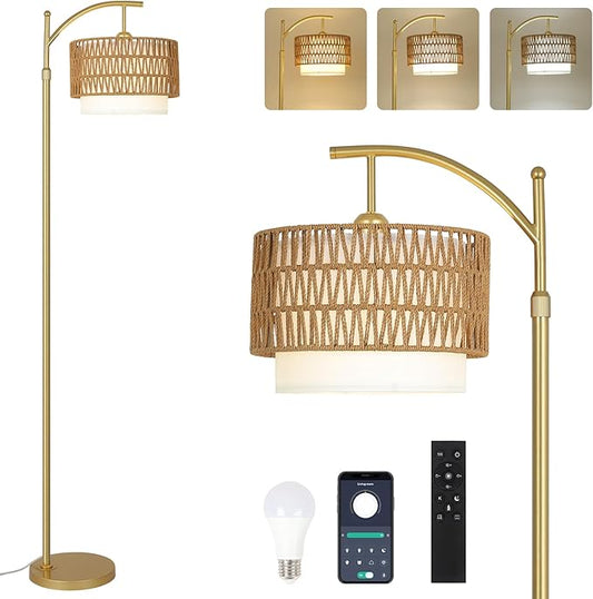 Gold Floor Lamps for Living Room with Remote & Dimmable LED Bulb, Modern Arc Floor Lamp with 3 Color Temperatures, Boho Standing Lamp with Rattan & Fabric Shades, Adjustable Tall Lamp for Bedroom