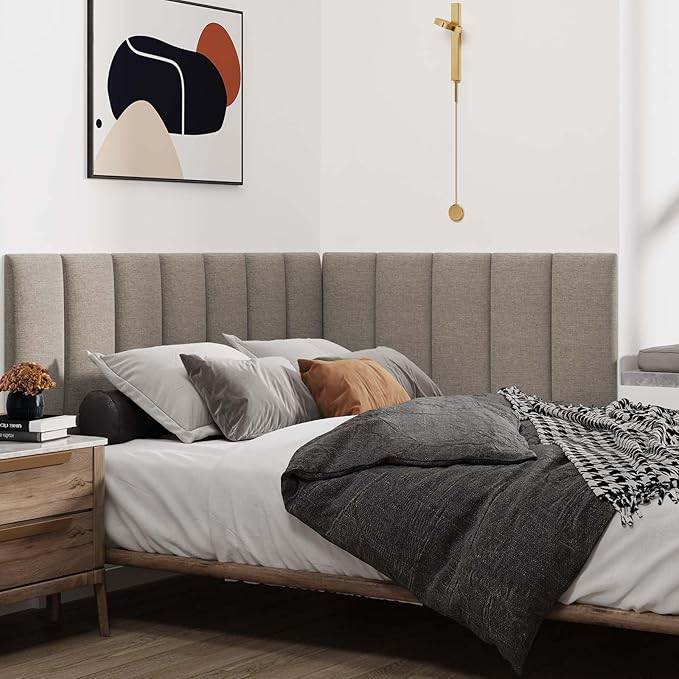 IFNOW Upholstered Wall Mounted Headboard, 3D Soundproof Wall Panels Peel and Stick for Queen Size, Reusable and Removable Tufted Bed Headboard in Linen (6 Panels, 10" x 24")