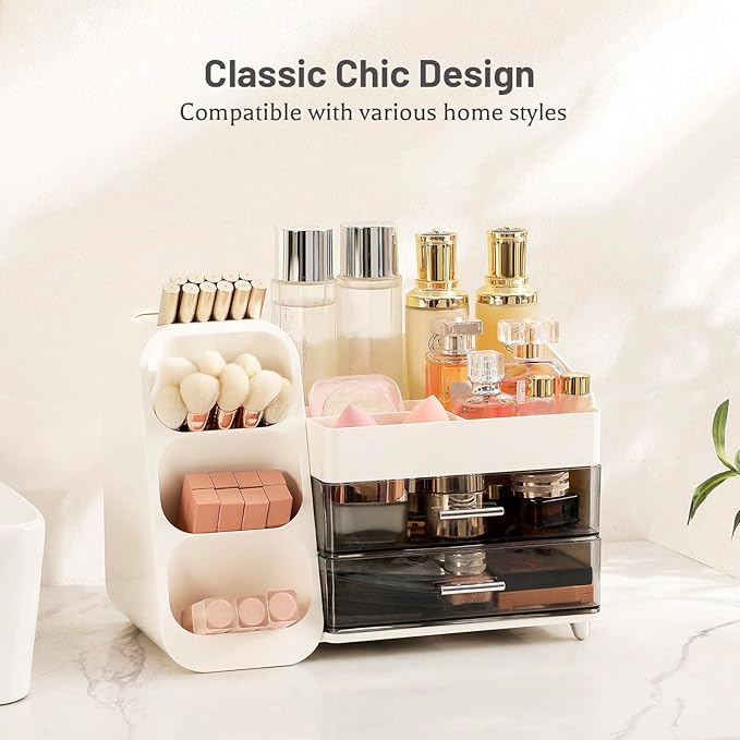 Aveniee Makeup Organizer with Drawers for Vanity, Big Cosmetic Display Case with Makeup Brush Holder, Bathroom Coutertop Organizers and Storage for Skincare Beauty Essentials (White)