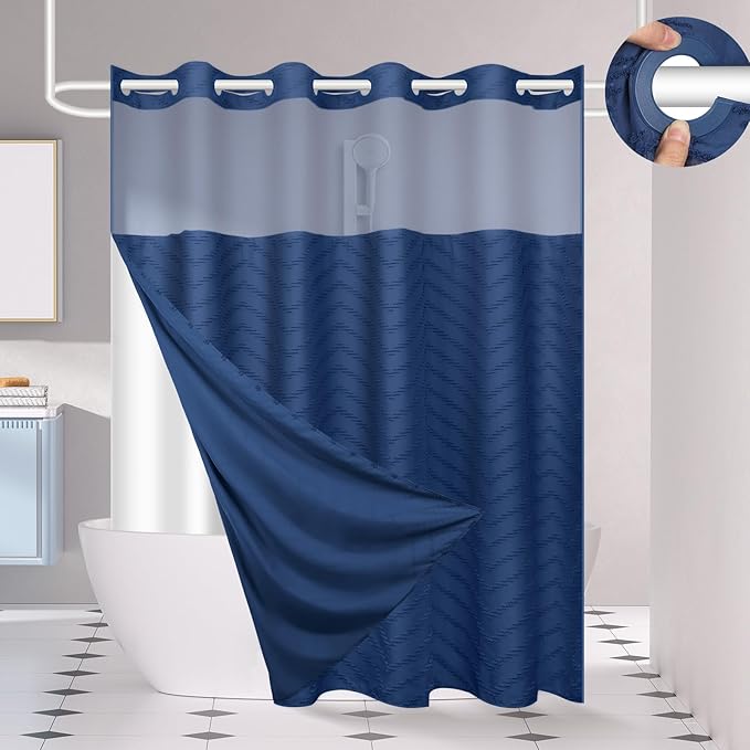No Hook Shower Curtain and Snap in Liner Set Navy Blue Tufted Chevron Striped Cloth Waterproof Washable Fabric Boho Bath Curtain with See Through Mesh Top Window for Bathroom Hotel 71" x 86"