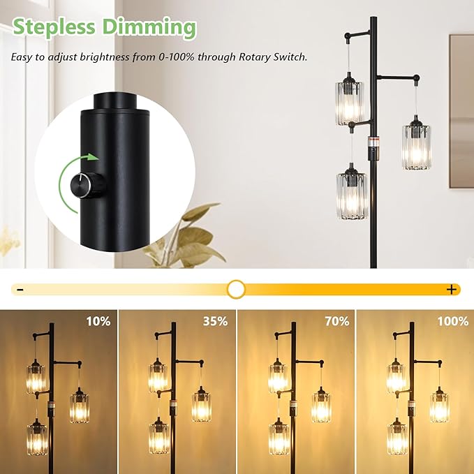 Black Modern Crystal Floor Lamp, 3 Lights Standing Lamp Dimmable, Industrial Tree Lamp with Crystal Shade, Dimmer Switch, 65" Tall Corner Floor Lamps for Living Room Bedroom Office Reading